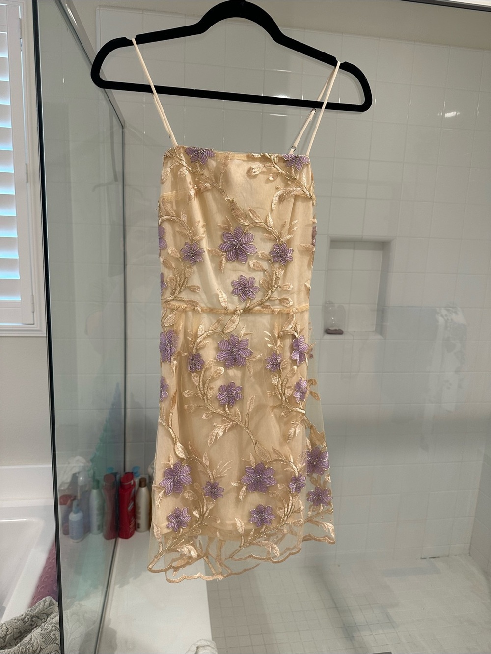 Lucy in the Sky Cream Slip Dress with Lavender Floral Appliqués